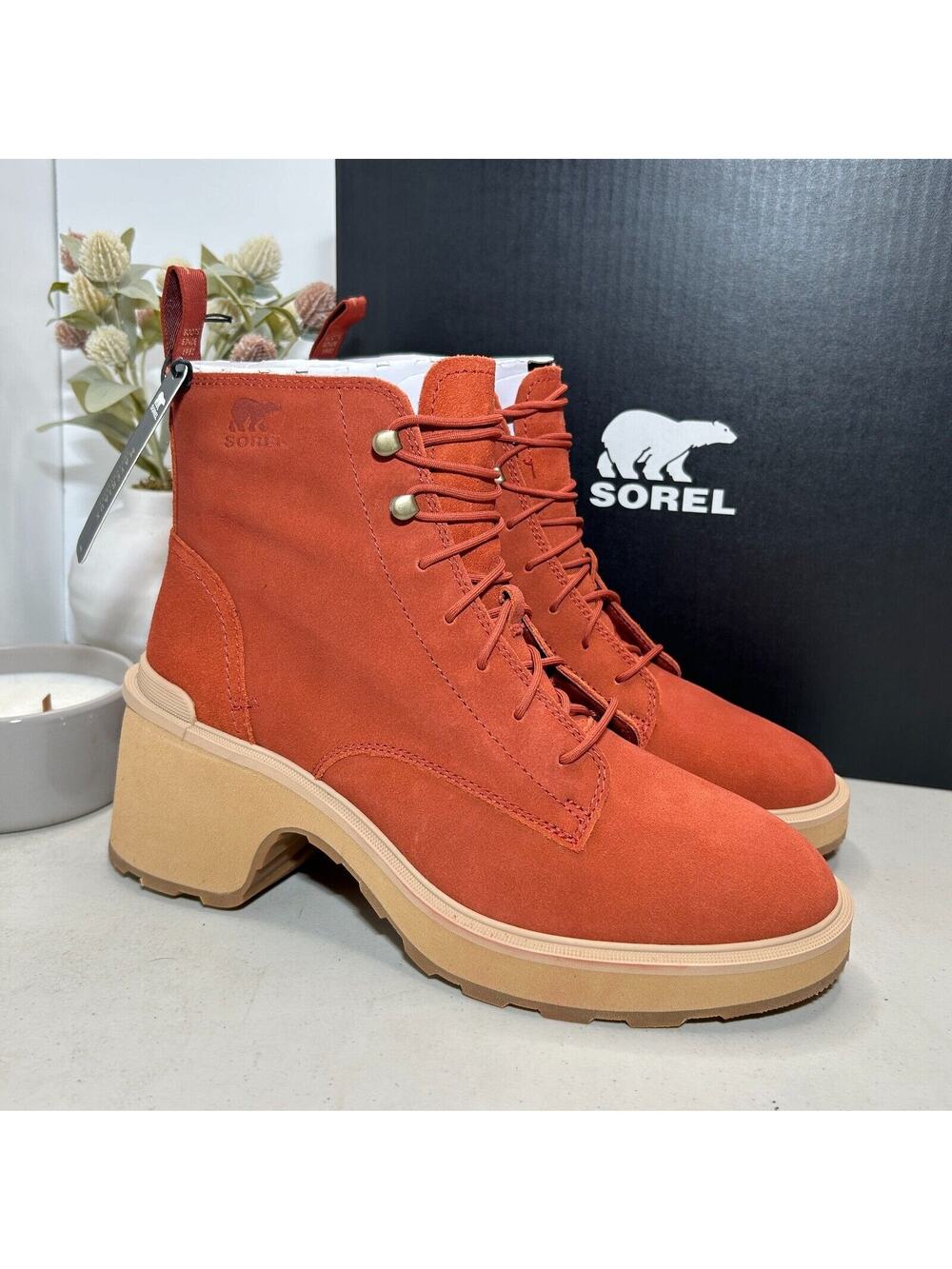 Sorel Hi-Line Heel Lace Boots Warp Red, Tawny Buff NL4875-849 Women 11 NWB
